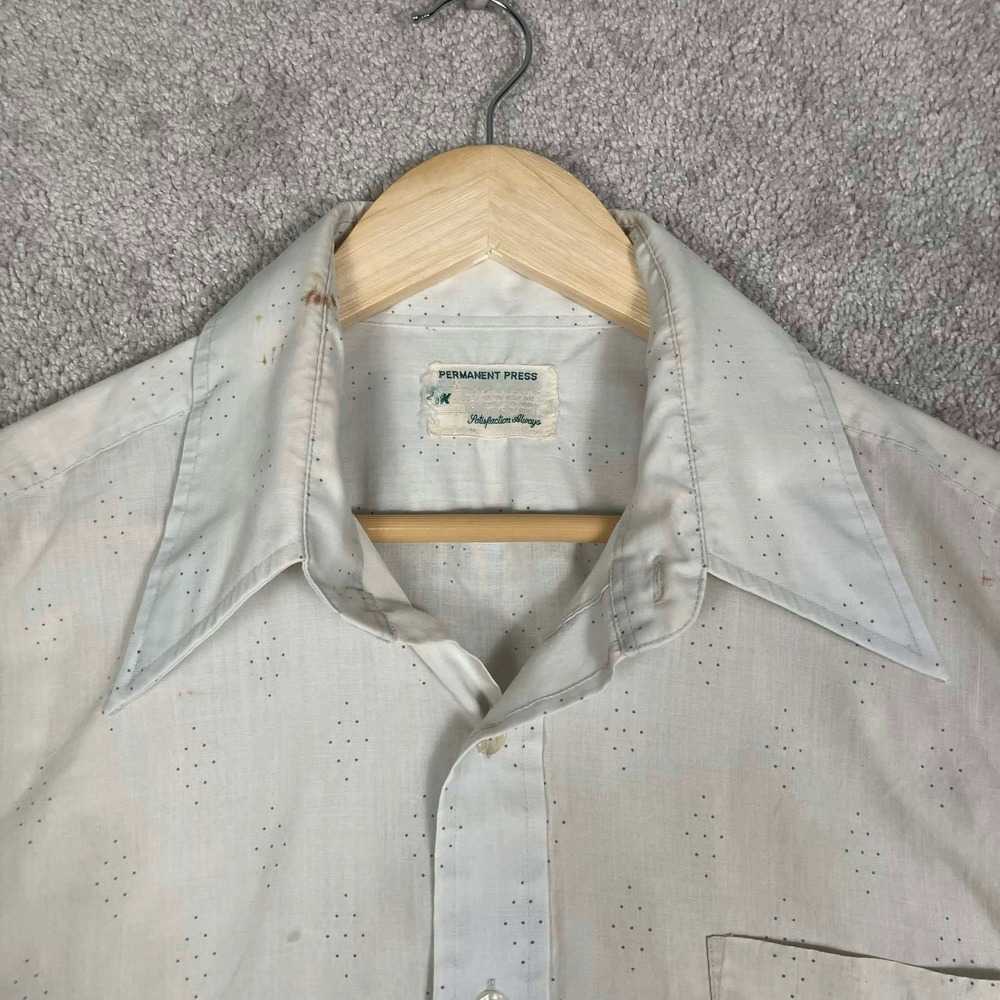 Vintage 70s Kmart Permanent Press White Polka Dot Shirt Long Sleeve Disco Poly